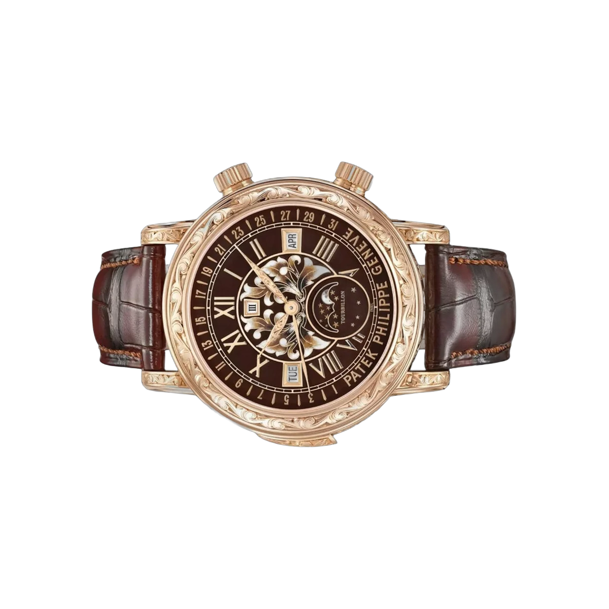 Patek Philippe Grand Complications 6002R-001 Sky Moon Tourbillon Roségold 44mm Grand Feu Champlevé und Cloisonné Braunes Emailzifferblatt Herrenuhr