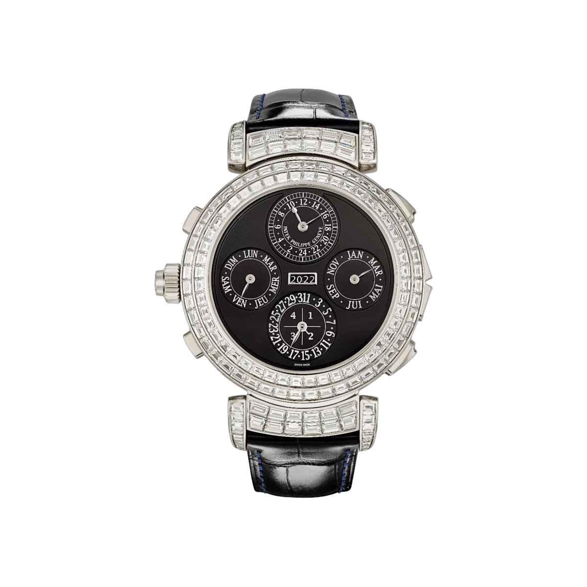 百达翡丽 Grand Complications 6300/401G-001 白金长方形切割钻石和蓝色蓝宝石 49.4 毫米双面双面表盘男士手表