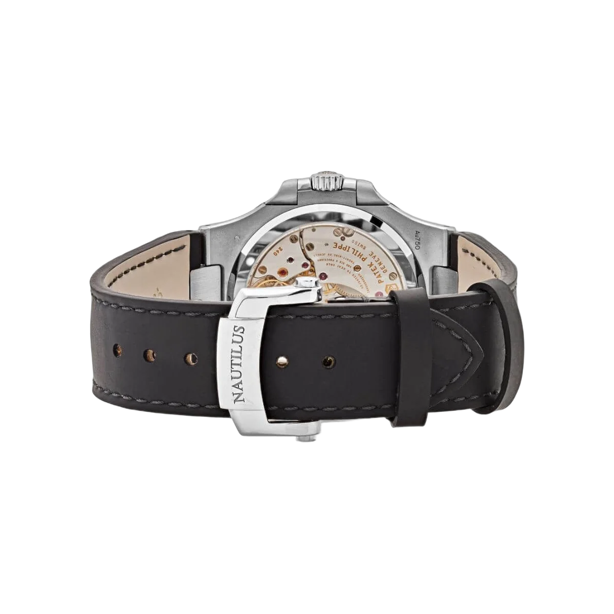 باتيك فيليب نوتيلوس 5712G-001، مؤشرات رمادية Slate Gray، مراحل القمر، ذهب أبيض عيار 18 قيراط، أحزمة جلدية سوداء غير لامعة.