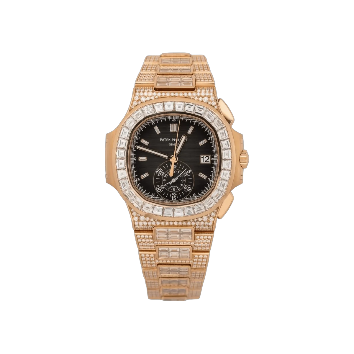 Patek Philippe Nautilus 5980/1400R-011 18K Rose Gold Full Diamond Chronograph Date Baguette 40mm Black Dial Mens Watch