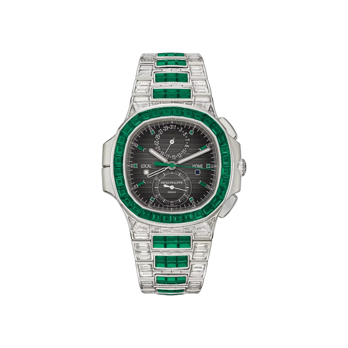 Patek Philippe Nautilus 5990/1423G-001 Travel Time Green Diamond Baguettes Black Dial Mens Watch