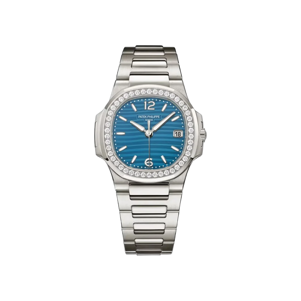 百达翡丽 Nautilus 7010/1G-013 白金天蓝色表盘钻石表圈 32 毫米女士手表