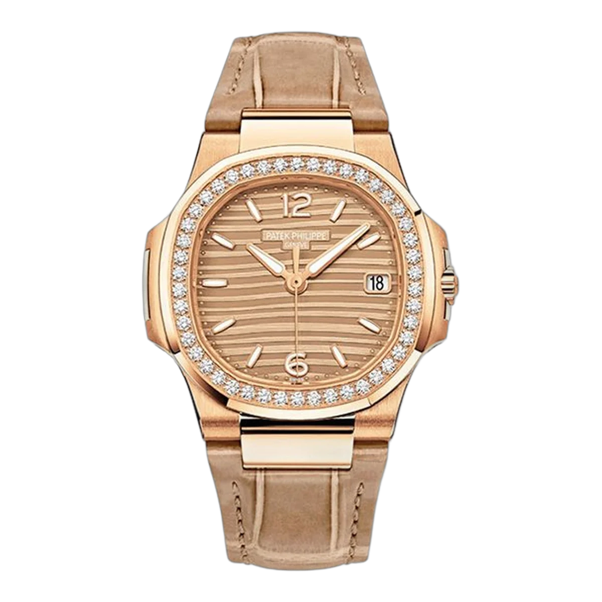 باتيك فيليب نوتيلوس 7010R-012، مينا ذو فهارس ذهبية، إطار مرصع بالألماس، مقاس 32 ملم، ذهب وردي عيار 18 قيراط، حزام جلد بيج