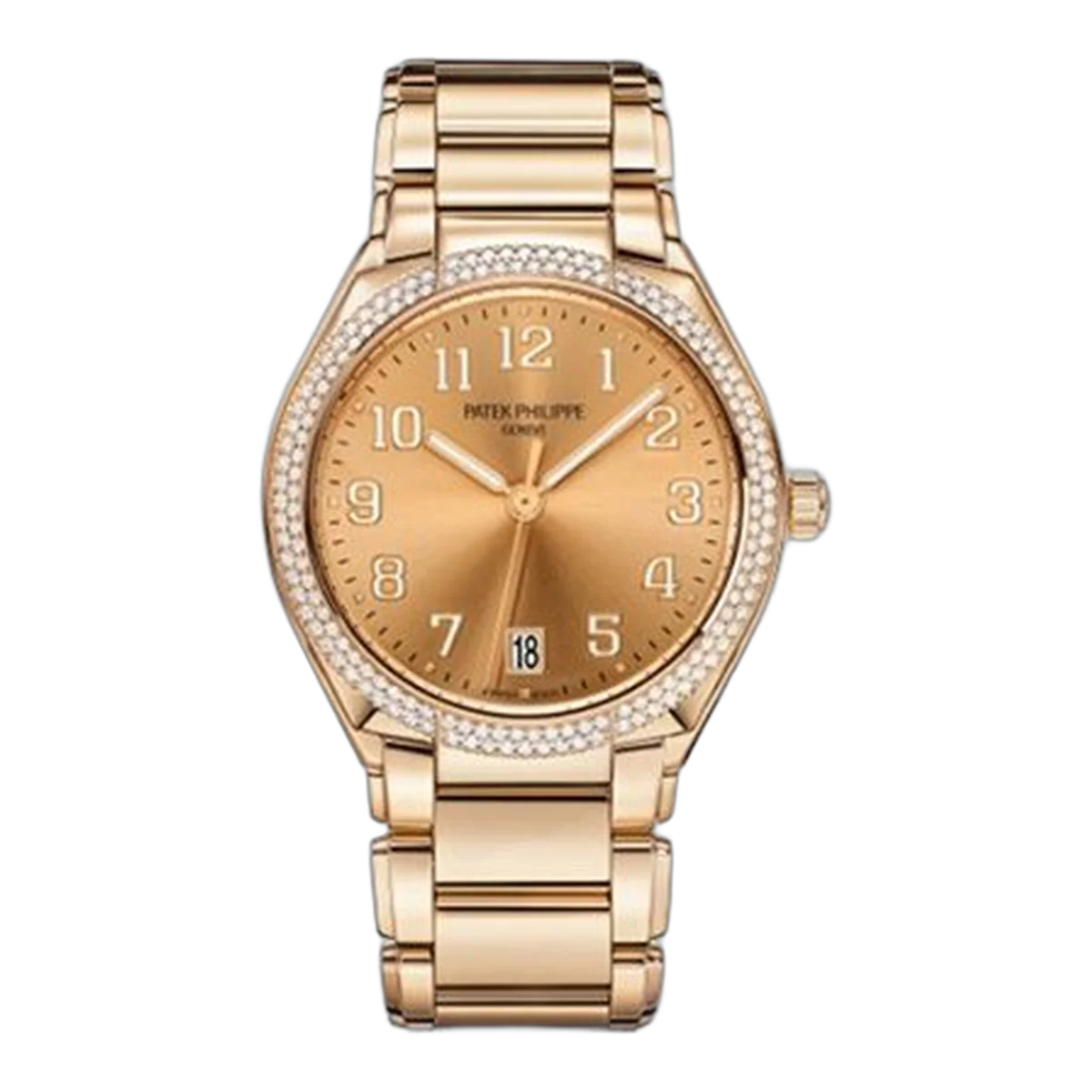 ساعة نسائية Patek Philippe Twenty~4 7300/1200R-011 أوتوماتيكية 36 مم ميناء "صن برست" مطلي بالذهب الوردي مع إطار مرصع بالماس