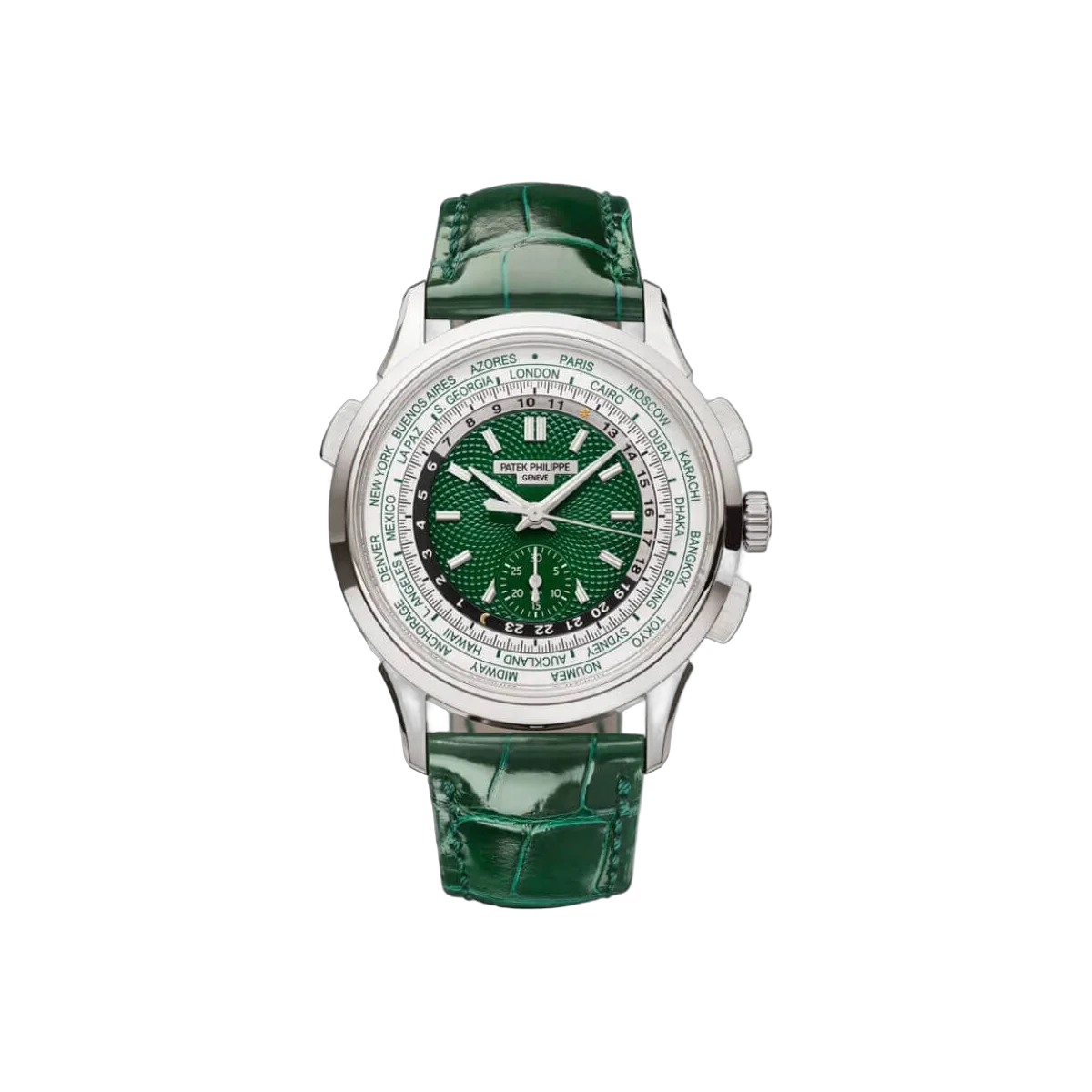 Patek Philippe World Time 5930P-001 Flyback Chronograph Platin Grünes Zifferblatt