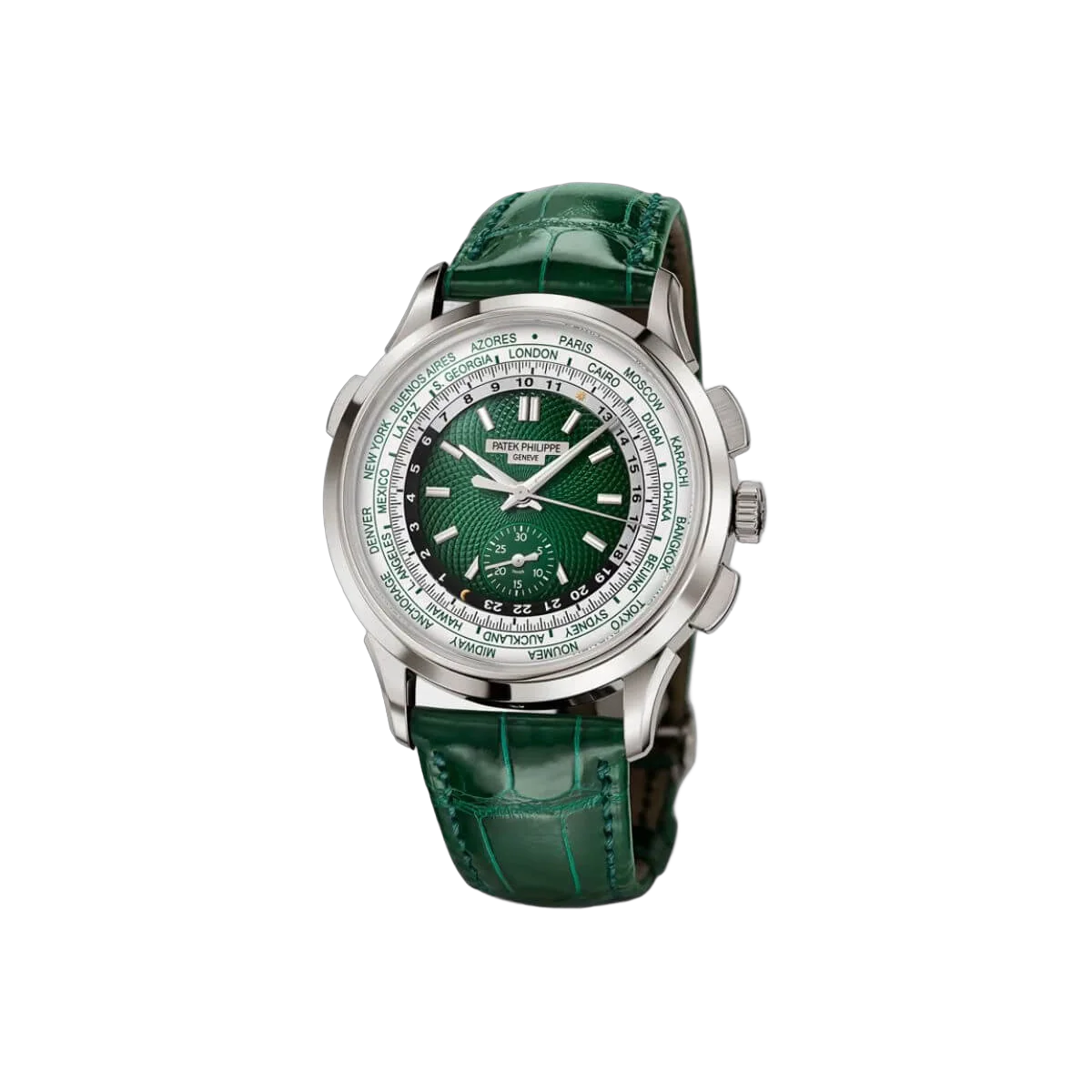 Patek Philippe World Time 5930P-001 Flyback Chronograph Platin Grünes Zifferblatt