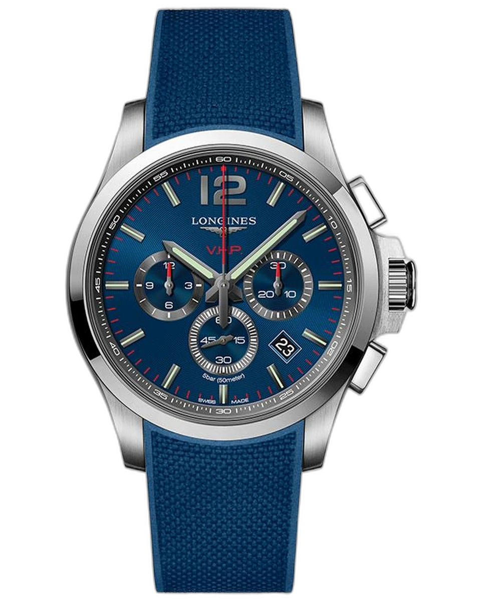 Longines Conquest VHP Chronograph L3.727.4.96.9 44MM SS Blue Rubber Strap