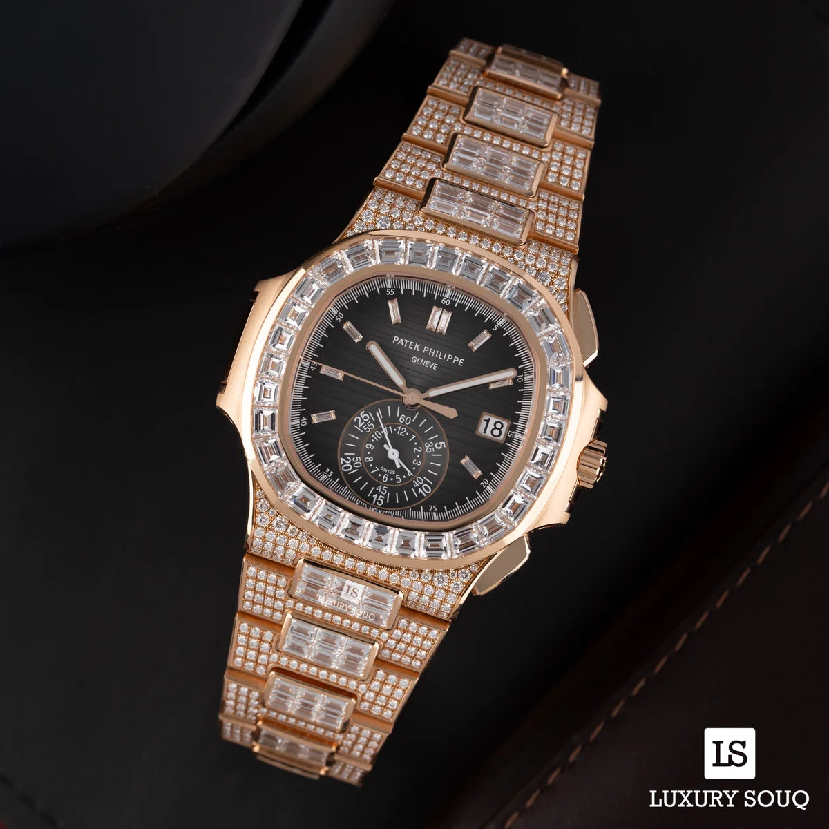Patek Philippe Nautilus 5980/1400R-011 18K Rose Gold Full Diamond Chronograph Date Baguette 40mm Black Dial Mens Watch