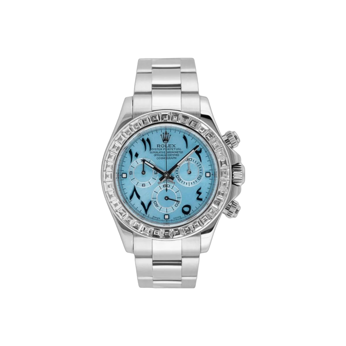 Rolex Cosmograph Daytona 116576Tbr Platinum Arabic Edition 40Mm Ice Blue Baguette Bezel Platinum Men's Watch