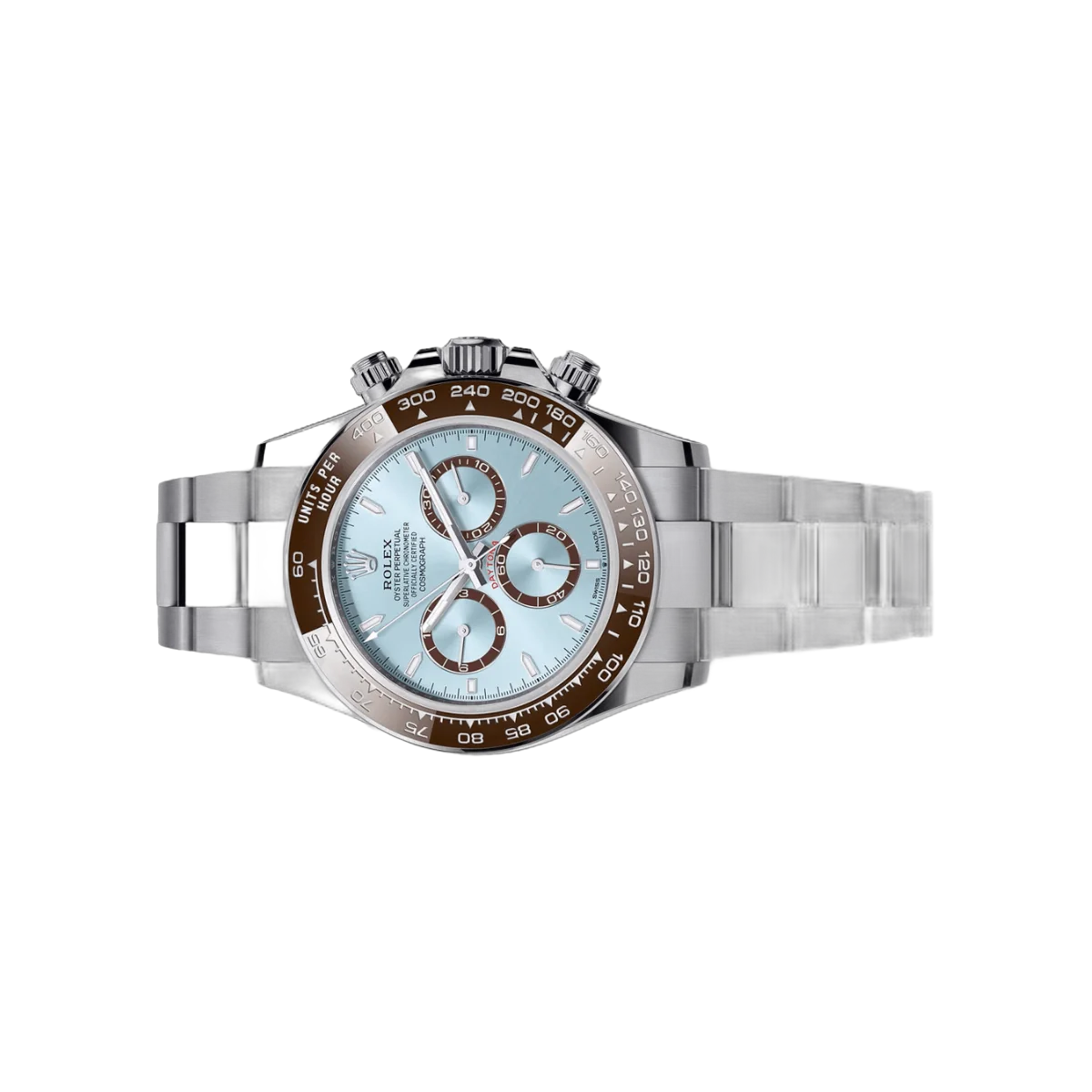 Rolex Cosmograph Daytona 126506 Chestnut Brown Bezel Oyster Platinum Bracelet Ice Blue Dial