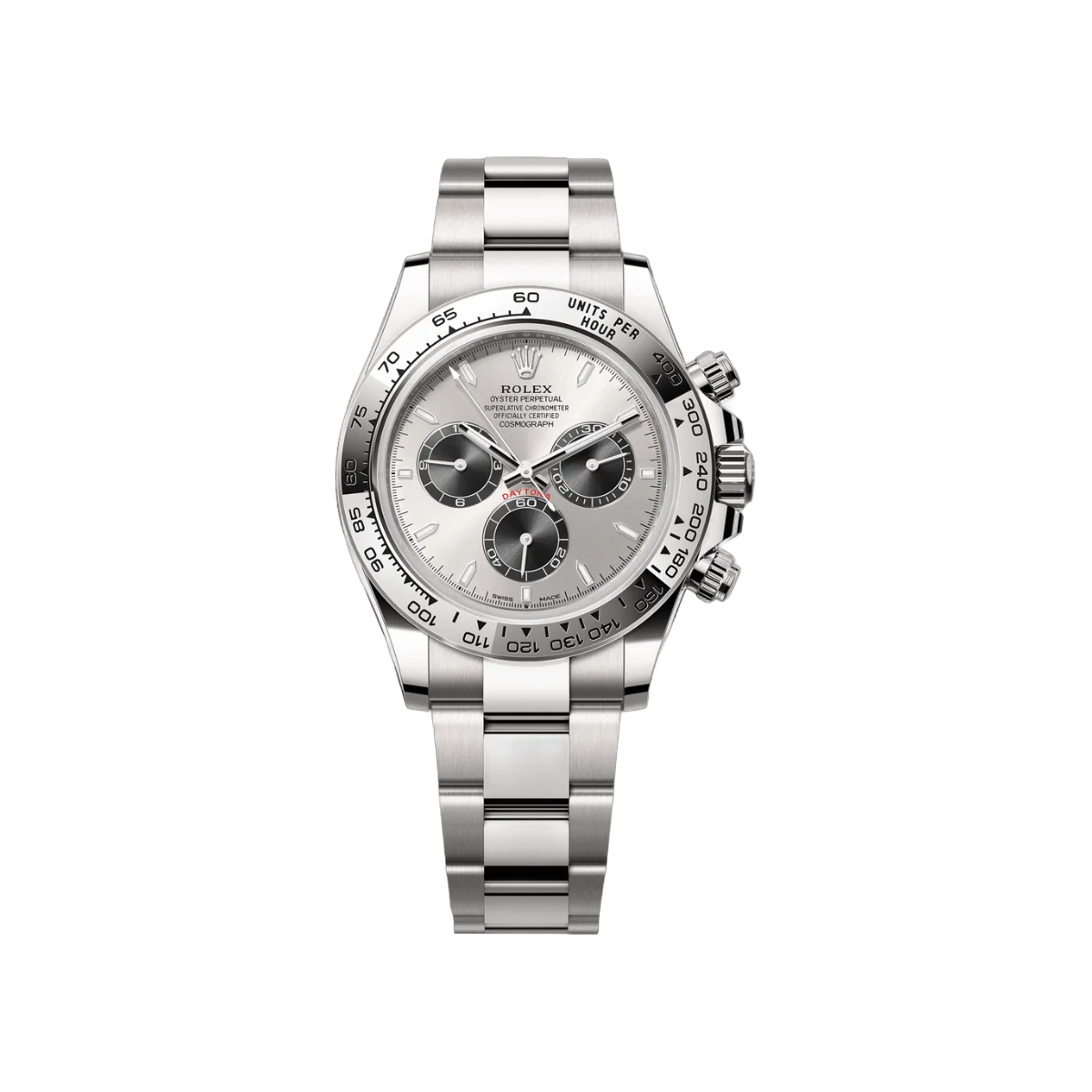 Rolex Cosmograph Daytona 126509-0003 ذهب أبيض مع إطار منقوش ومينا فضي