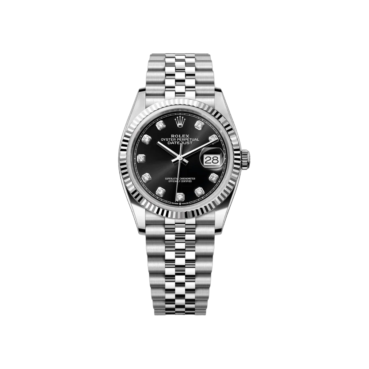 Rolex Datejust 126234-0027 Oystersteel Weißgold Diamantziffern Helles Schwarzes Zifferblatt 36mm Unisex Uhr