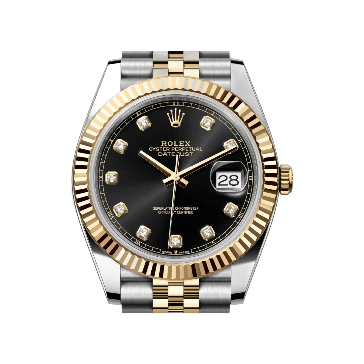 劳力士 Datejust 126333-0006 牡蛎钢 18Kt 黄金凹槽表圈 41 毫米黑色钻石表盘男士手表