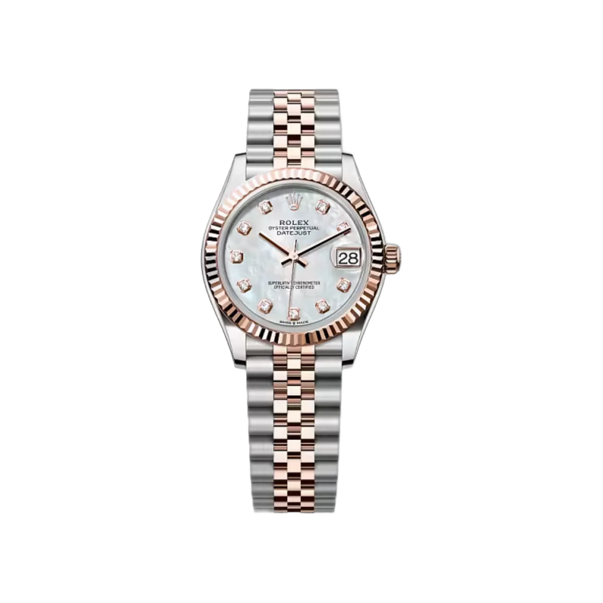Rolex Datejust 278271-0026 Perlmutt-Diamantzifferblatt Roségold geriffelte Lünette 31mm Edelstahl und 18K Roségold Jubilé-Armband Damenuhr