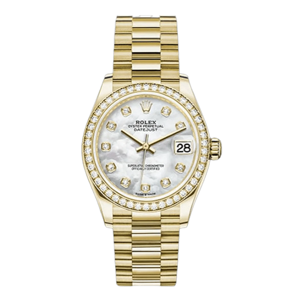 Rolex Datejust 278288Rbr Mdp Mother Of Pearl Diamond Set Bezel 31Mm 18K Yellow Gold President Bracelet Ladies Watch