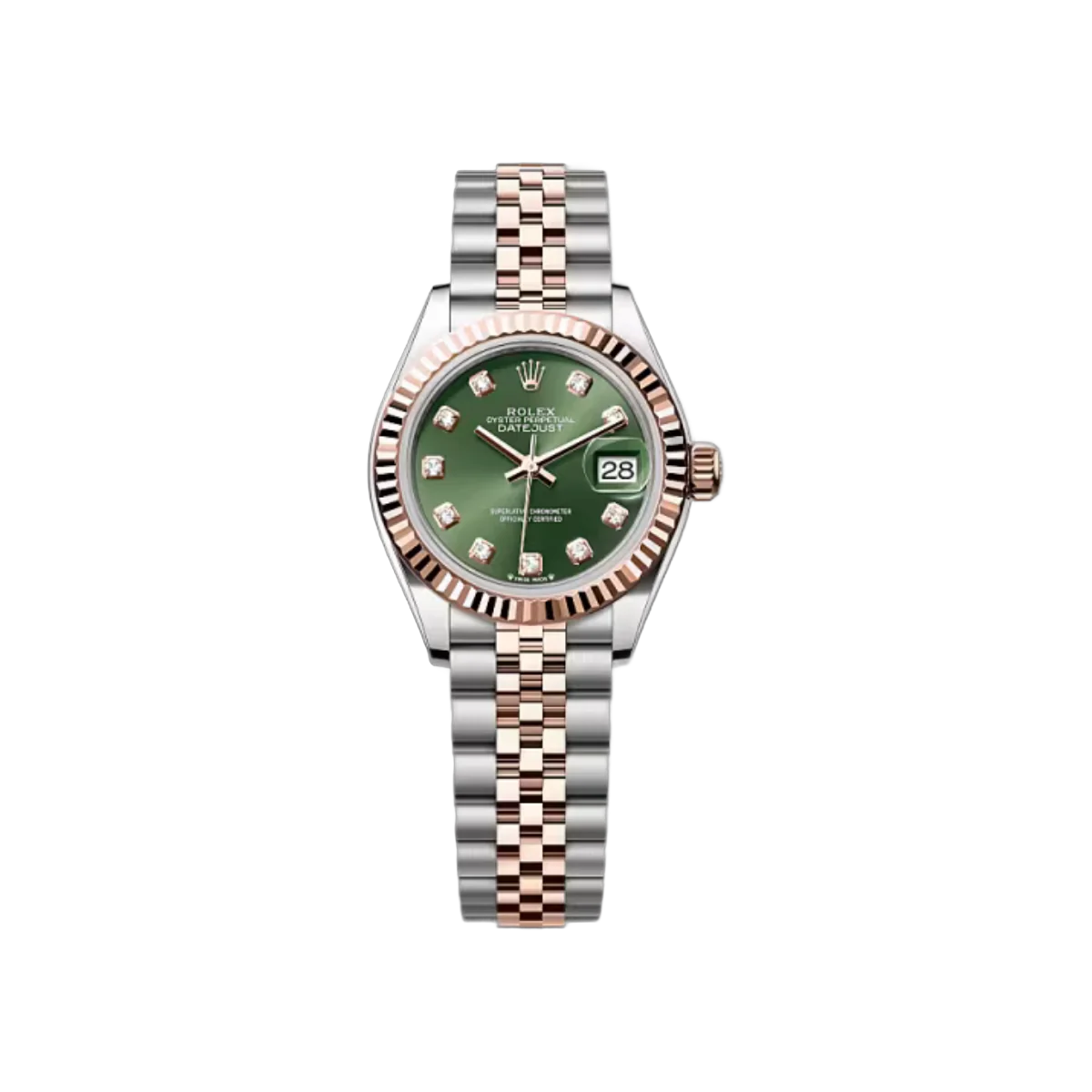 劳力士 Datejust 279171-0007 凹槽表圈钢和玫瑰金 28 毫米橄榄绿钻石表盘女士手表