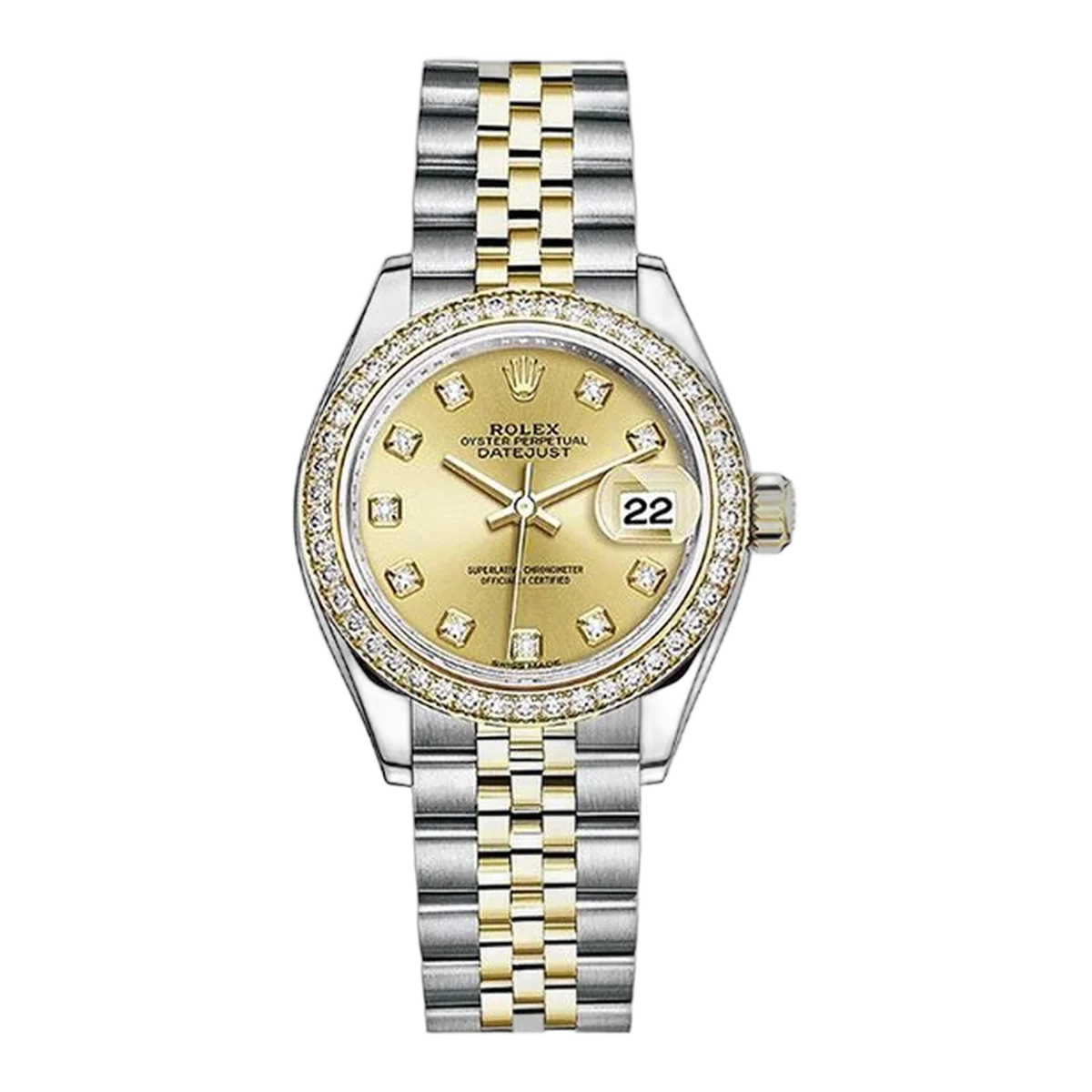 劳力士 Datejust 279383Rbr Chdj 28 毫米黄金不锈钢香槟表盘镶钻表圈女士手表