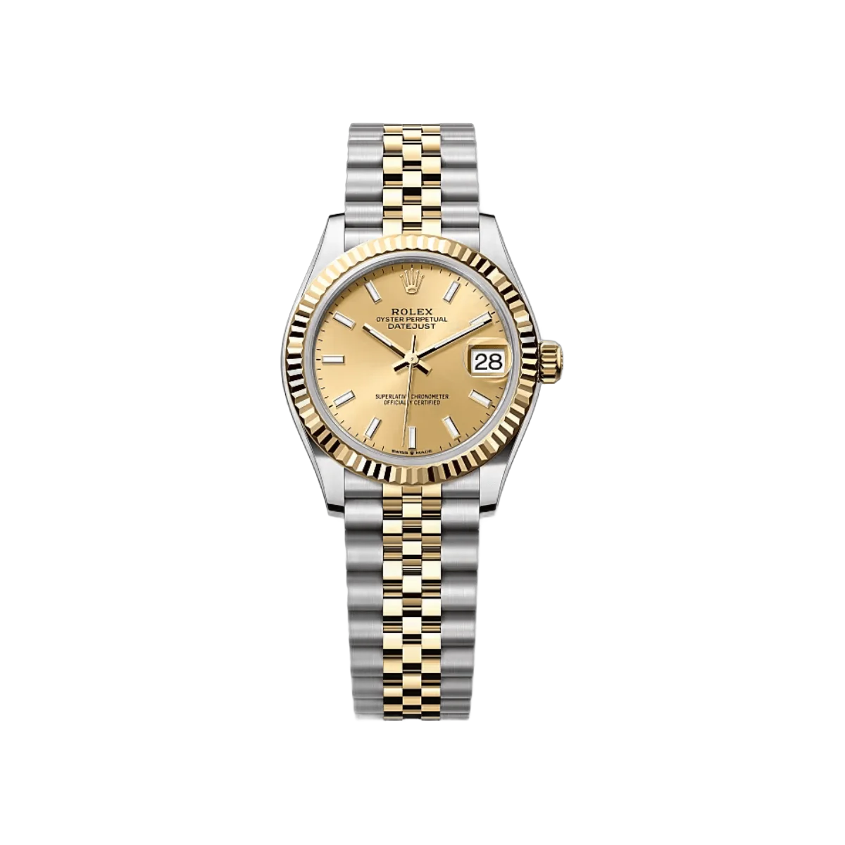 Rolex Datejust 31mm 278273 Gelbes Zifferblatt Stahl und Gold Gelbgold Geriffelte Lünette Jubilee Damenuhr