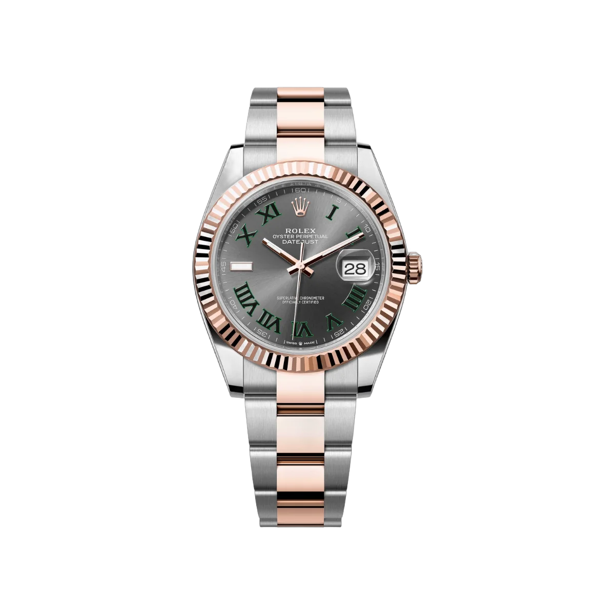 劳力士 Datejust m126331-0015 蚝式恒动温布尔登永恒玫瑰金绿色罗马数字 41 毫米石板灰色表盘男式手表