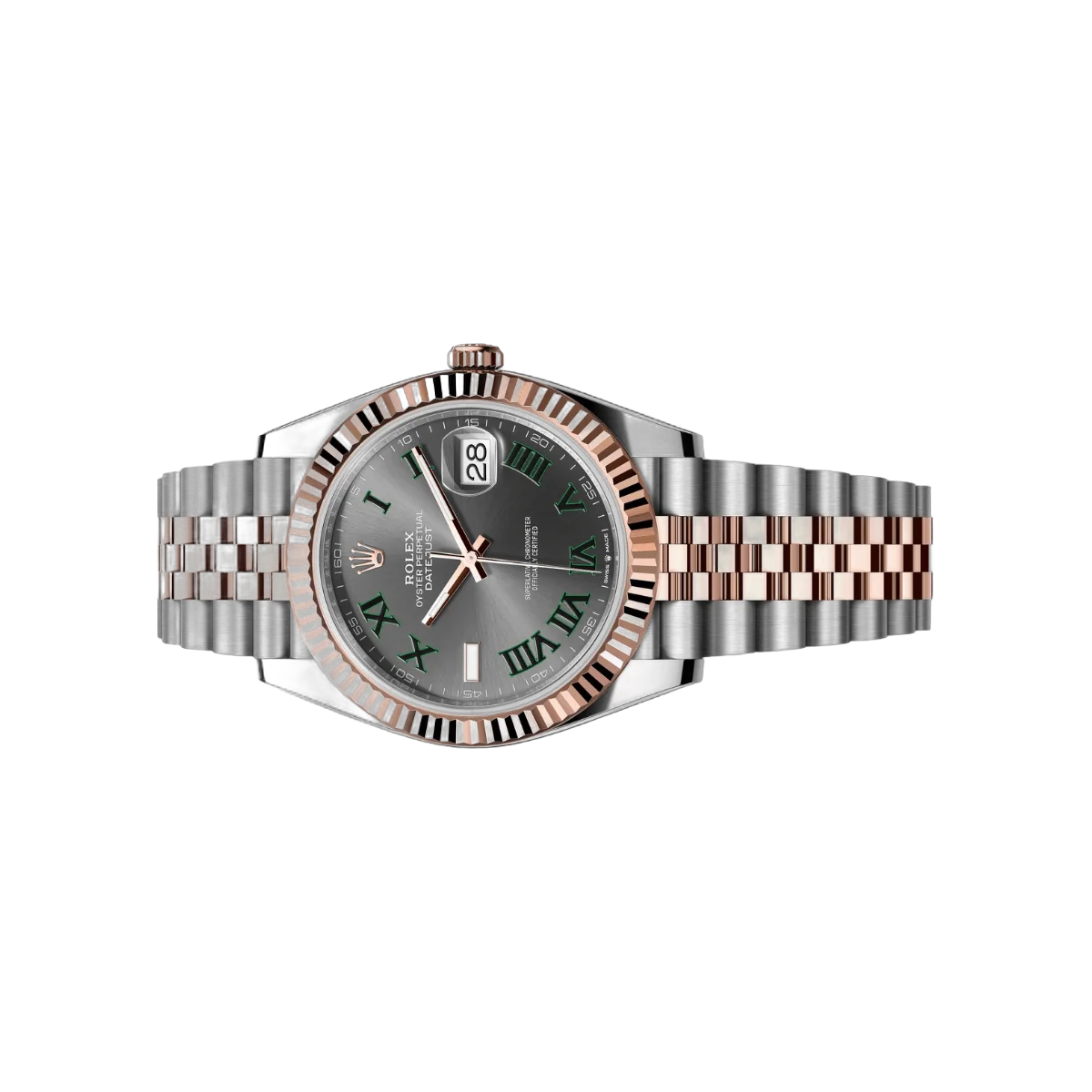 رولكس ديت جست m126331-0016 أويستر بربتشوال ويمبلدون إيفروز ذهب أرقام رومانية خضراء 41 ملم مينا رمادي أردوازي ساعة رجالية