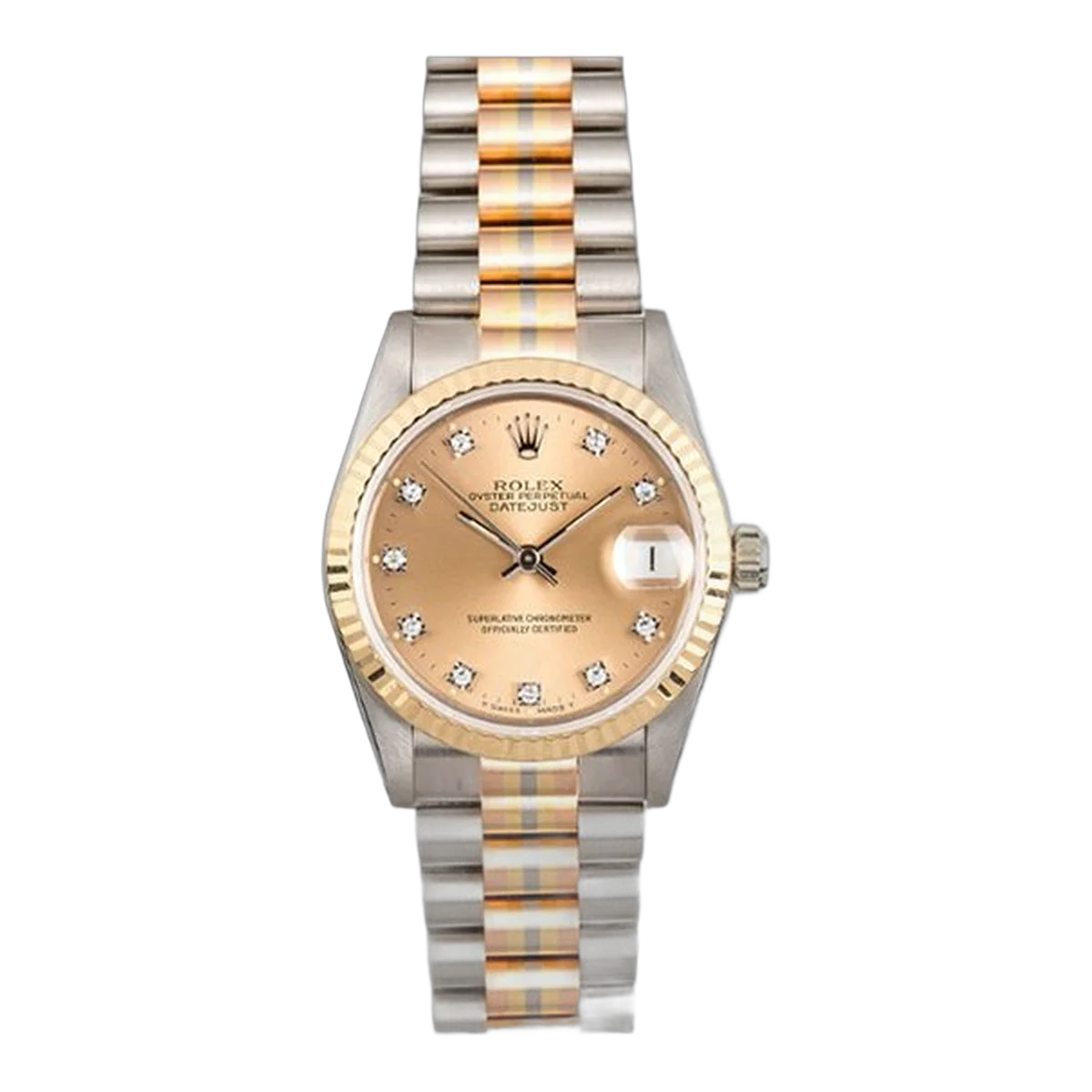Rolex Datejust Tridor 68279B Champagner-Diamantzifferblatt 31 mm Automatik 18 K Weißgold, Gelbgold und Roségold Damenuhr