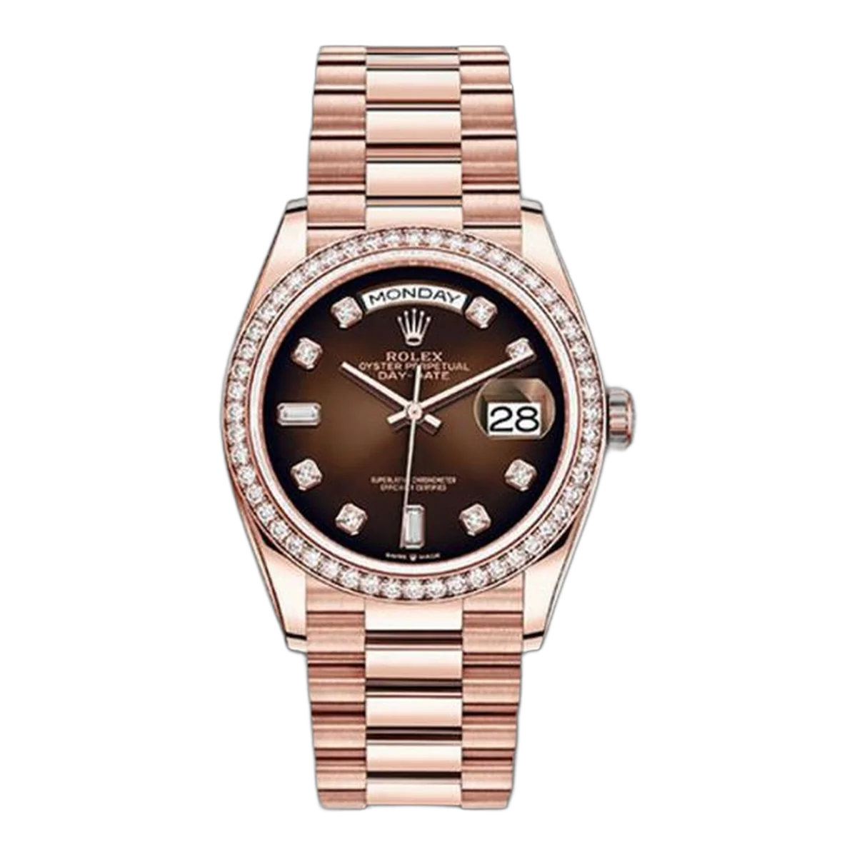 Rolex Day Date 128345Rbr Brodp Brown Diamonds 36Mm Diamond-Set Bezel Everose Gold Ladies Watch