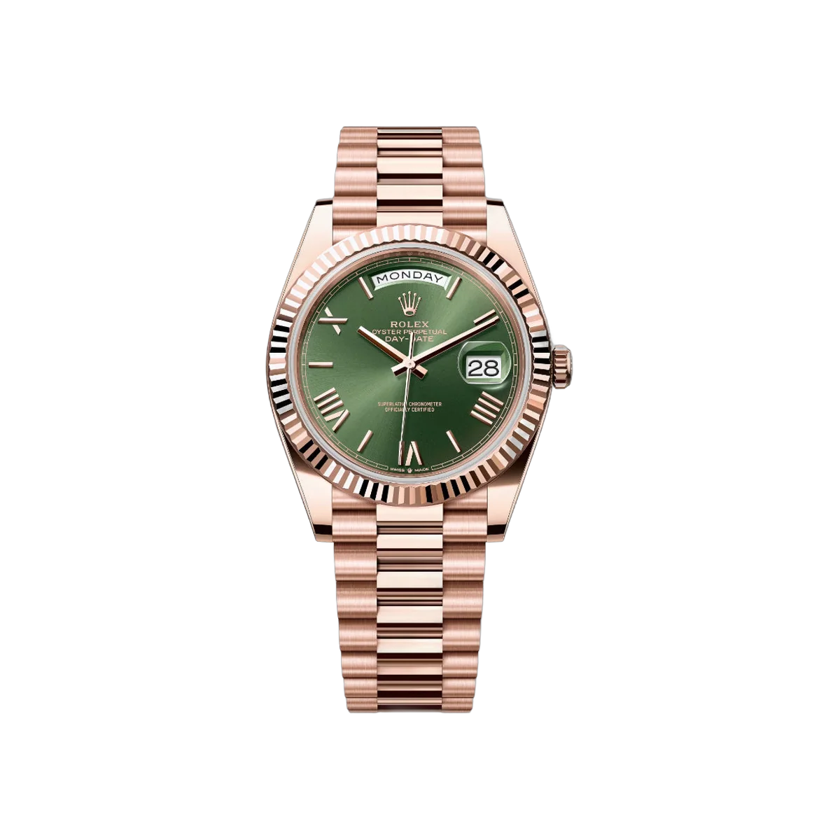 Rolex Day Date 228235 OGRP مينا أخضر زيتوني، أرقام رومانية مشطوفة، 40 مم، سوار جوبيليه من الذهب الوردي عيار 18 قيراطًا