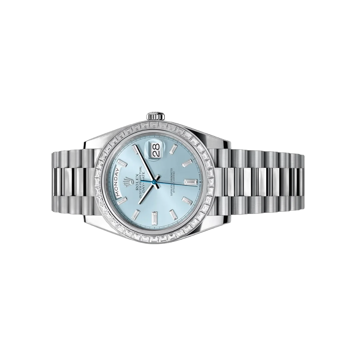 Rolex Day-Date 228396TBR Automatik Platin Baguette-Lünette 40MM Eisblaues Zifferblatt Unisex-Uhr