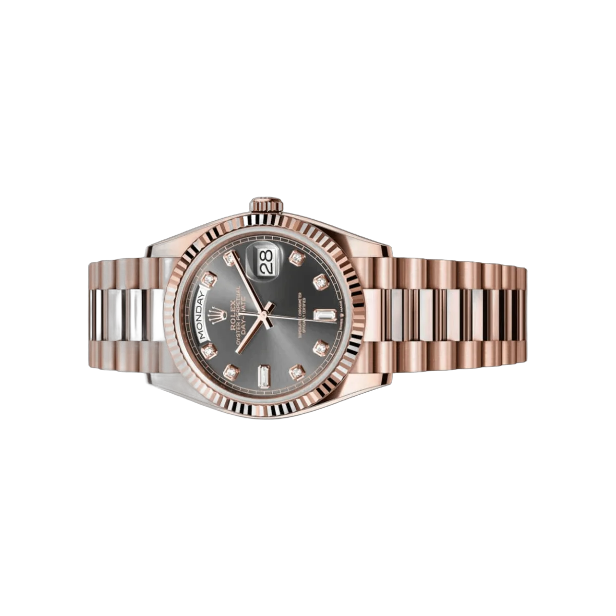 Rolex Day-Date 36 President 128235-0050 18K Everose Gold Fluted Bezel 36mm Slate Gray Dial Ladies Watch