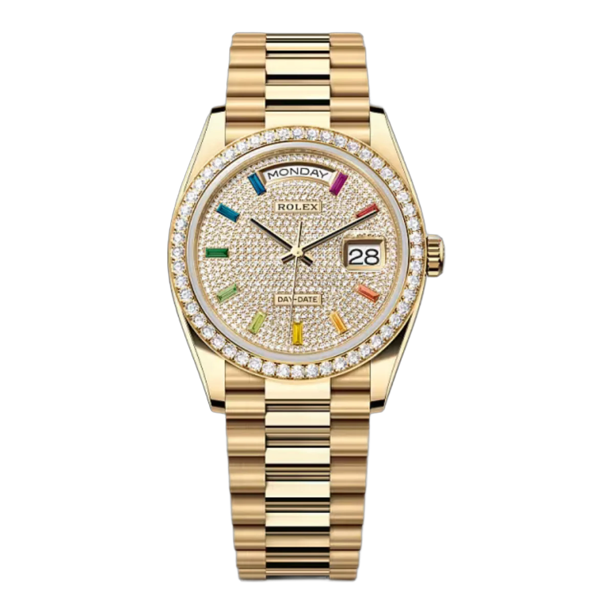 Rolex Day-Date Diamantlünette 128348RBR-0030 Diamantbesetztes Gelbgold 36mm Damenuhr