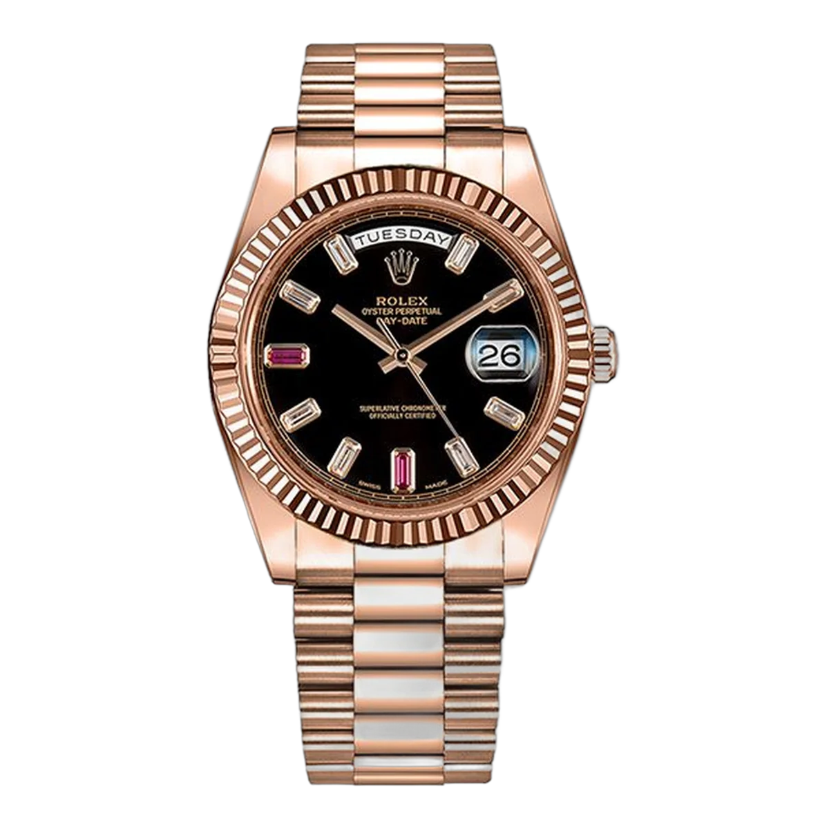 Rolex Day-Date Ii 218235 Bkdrp 41Mm Black Baguette Diamonds Ruby Fluted Rose Gold Men's Watch