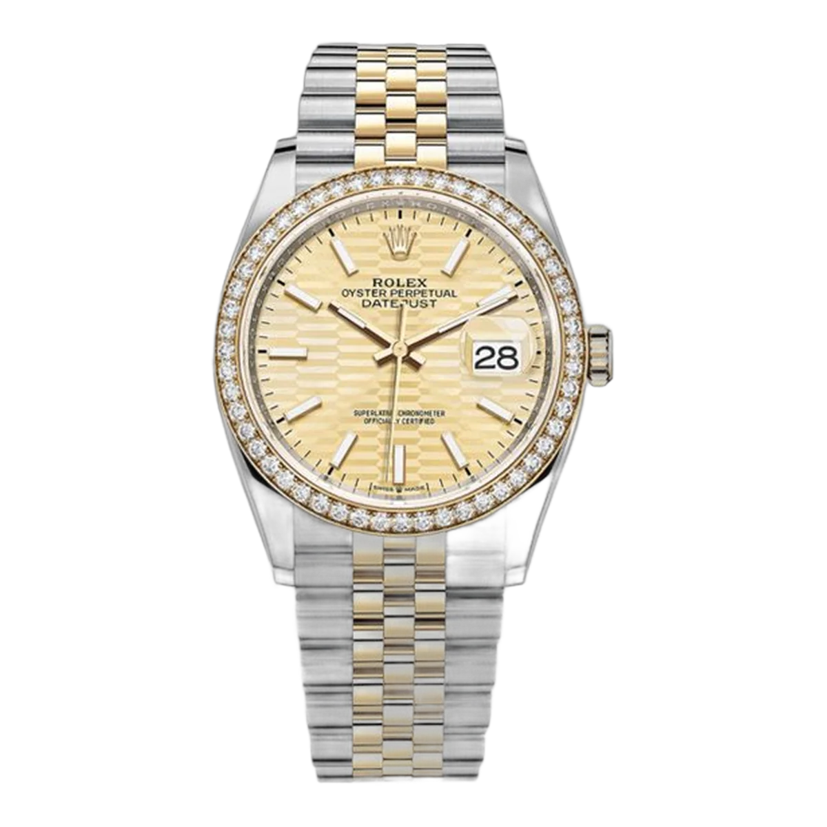 Rolex Oyster Perpetual Datejust 126283Rbr Gflmij 36Mm Golden Fluted Dial Diamond-Set Bezel Jubilee Unisex Watch
