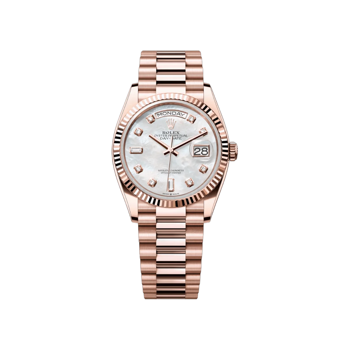 Rolex Oyster Perpetual Day Date M128235-0029 18ct Everose Gold Diamond Set MOP Dial