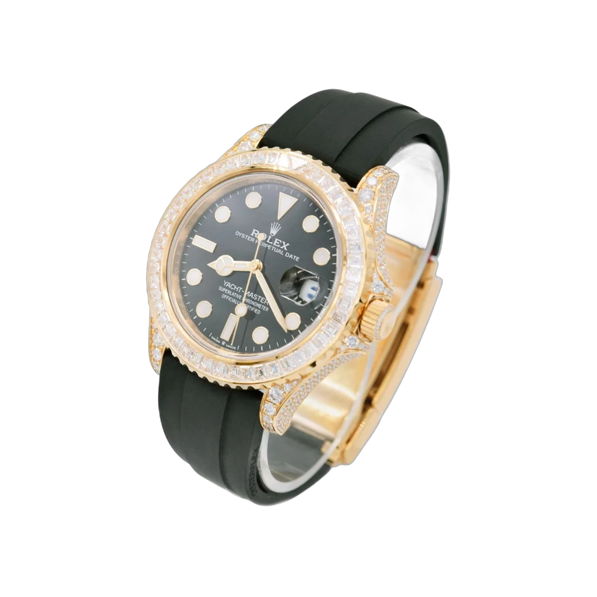 Rolex Yacht Master M226668TBR Gelbgold Baguette-Diamanten Lünette 42mm Schwarzes Zifferblatt Herrenuhr