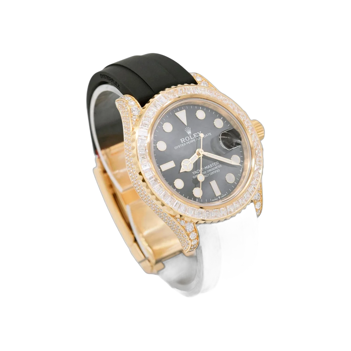 Rolex Yacht Master M226668TBR Gelbgold Baguette-Diamanten Lünette 42mm Schwarzes Zifferblatt Herrenuhr