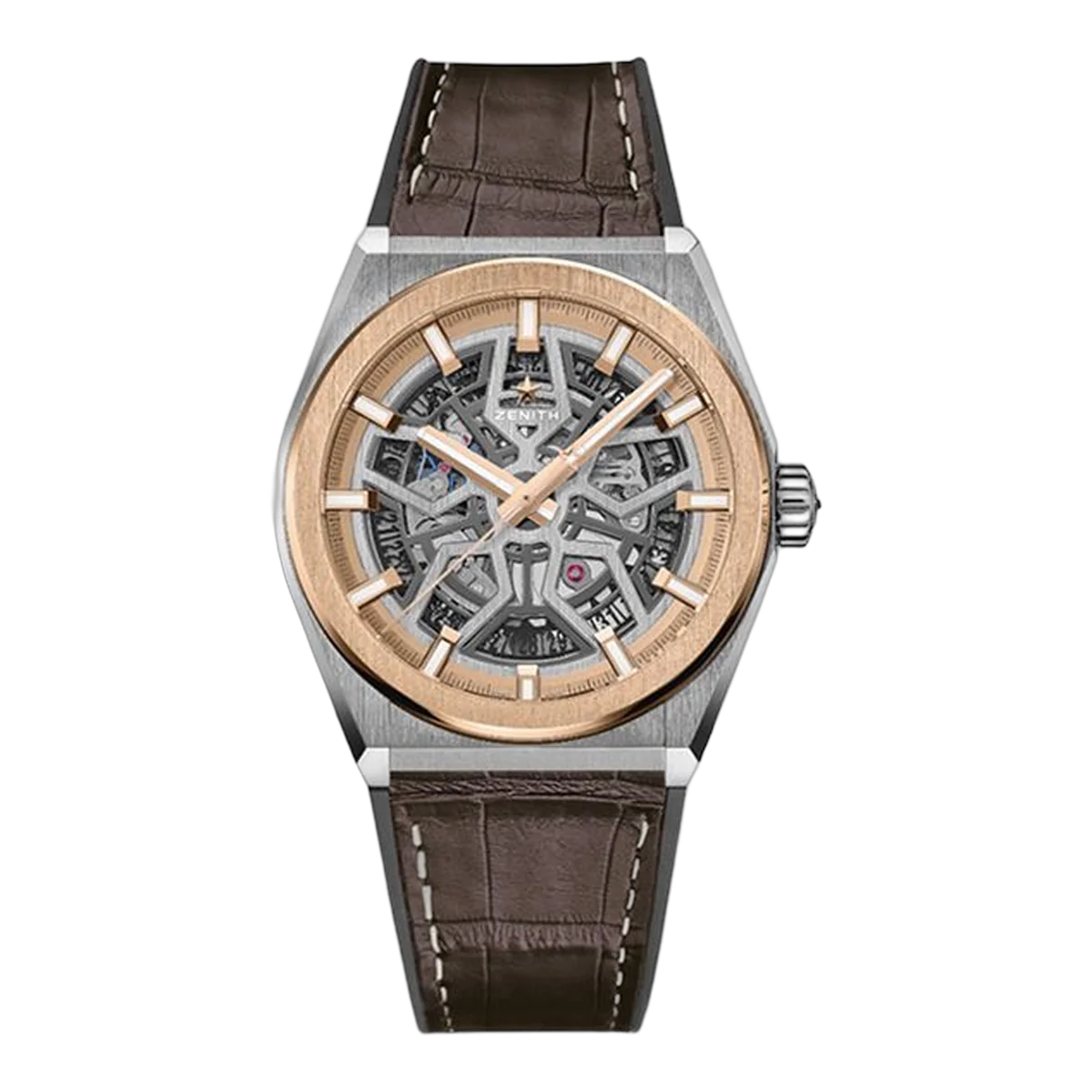 Zenith Defy Classic 87.9001.670/79.R589 Skeleton Rose Gold Bezel 41Mm Titanium Brown Leather Strap Men's Watch